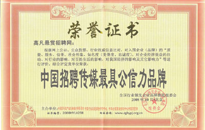 榮譽證書-中國招聘傳媒最具公信力品牌